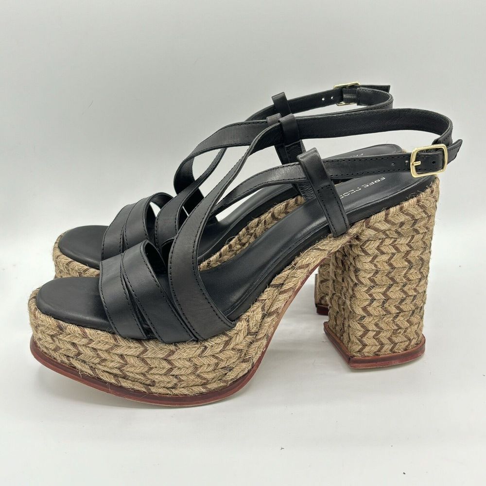 Free People Fahn Jute Platform Strappy Sandal Black Leather Women's Sz 11